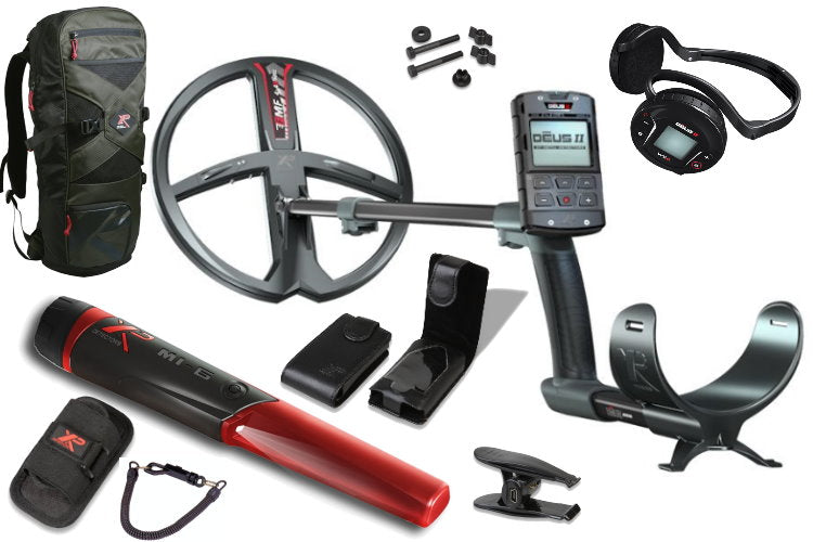 Metalldetektor XP DEUS II 28cm Spule mit Funkkopfhörer WS6 sowie MI-6 Pinpointer & XP Rucksack als Gratiszugabe